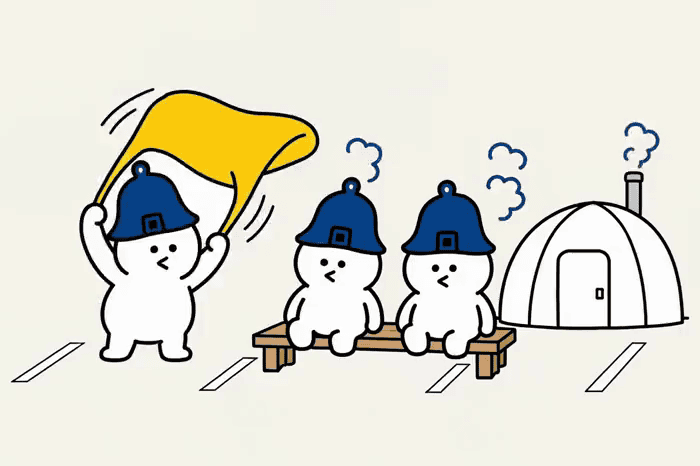 テントサウナの中でタオルを振って熱波を送るイラスト