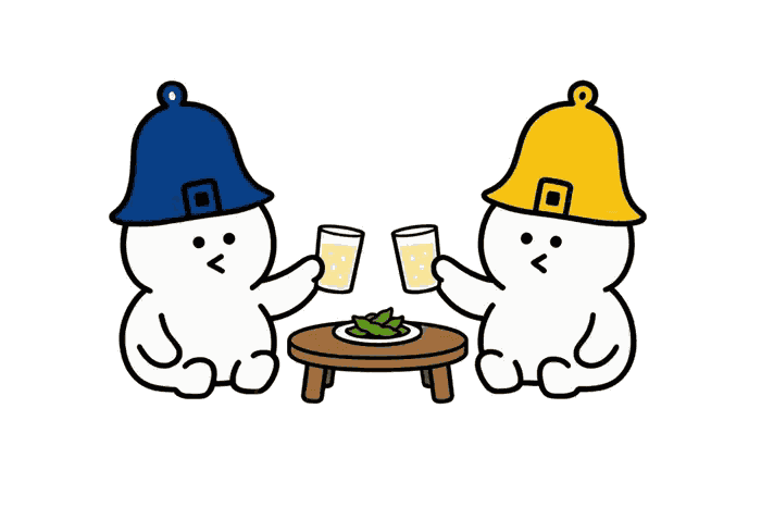 ふたりのサウニスケが小さなテーブルで乾杯しているイラスト