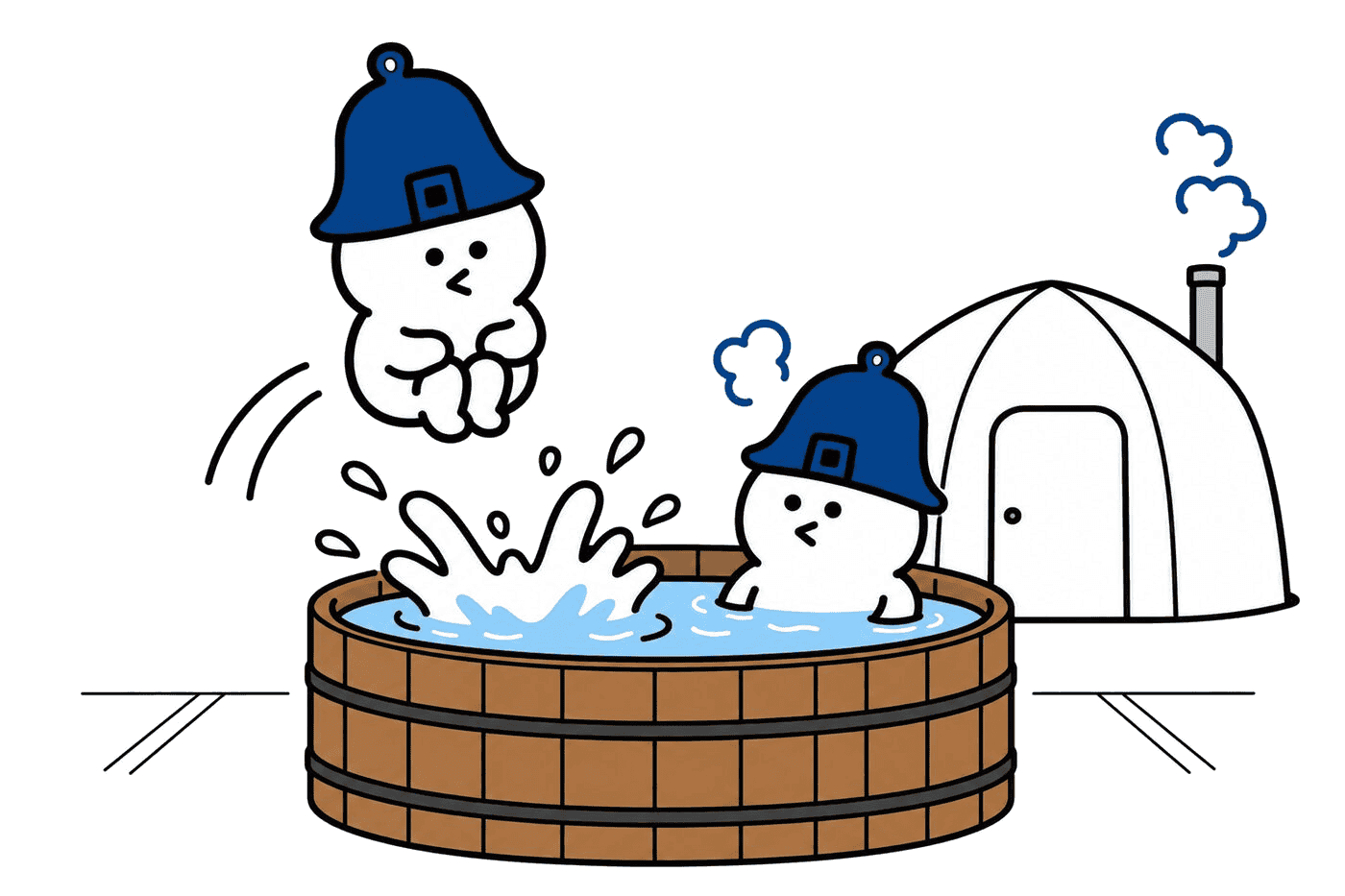水風呂に飛び込んで水しぶきが上がっているイラスト