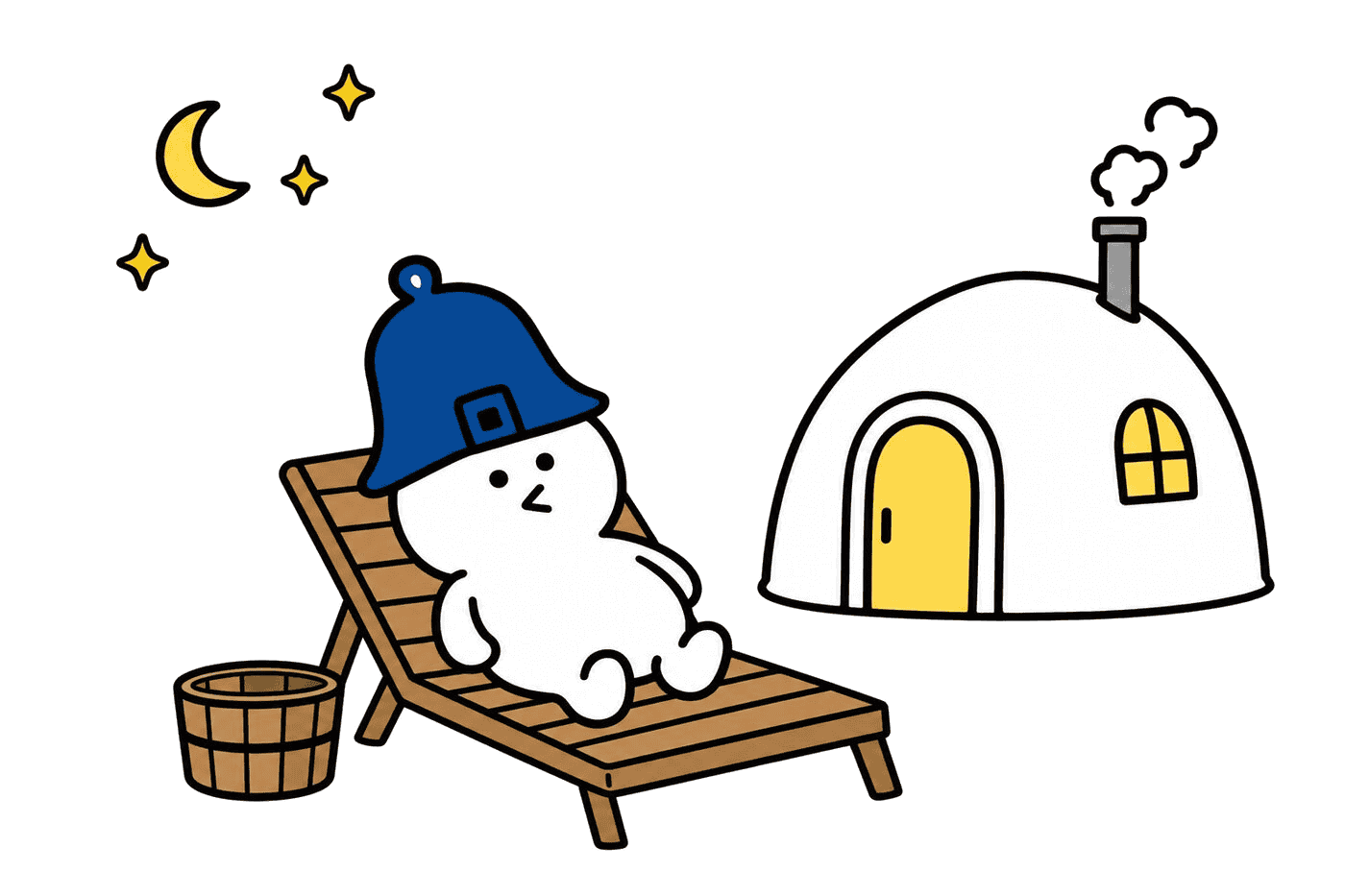 夜空と月の下、灯りのついたテントサウナと整い椅子のイラスト